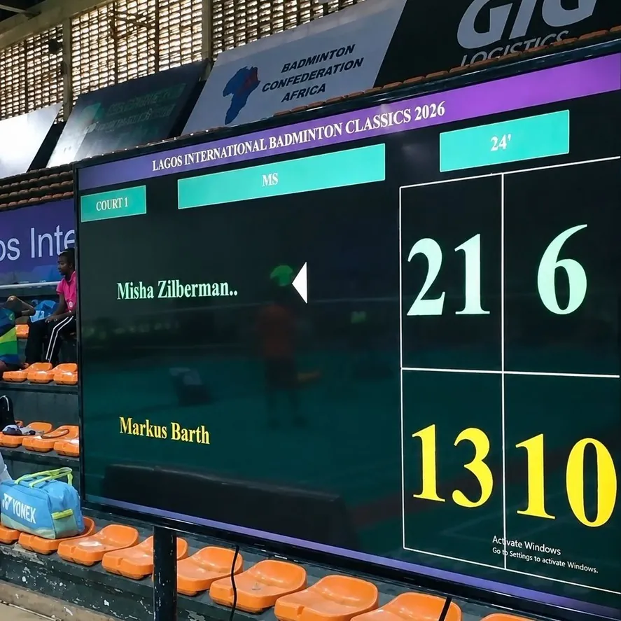 Live-табло Zeetius на корте Lagos International Badminton Classics 2026