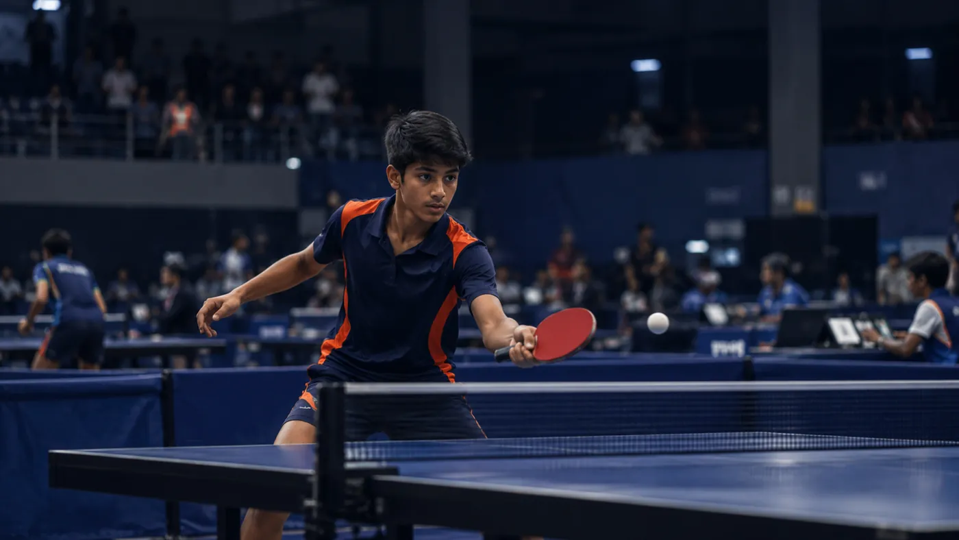 Игроки в настольный теннис во время розыгрыша в крытом зале, из кейса Table Tennis Association of Kerala