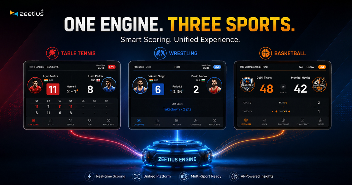 Three scoring interfaces side by side for table tennis, wrestling and basketball