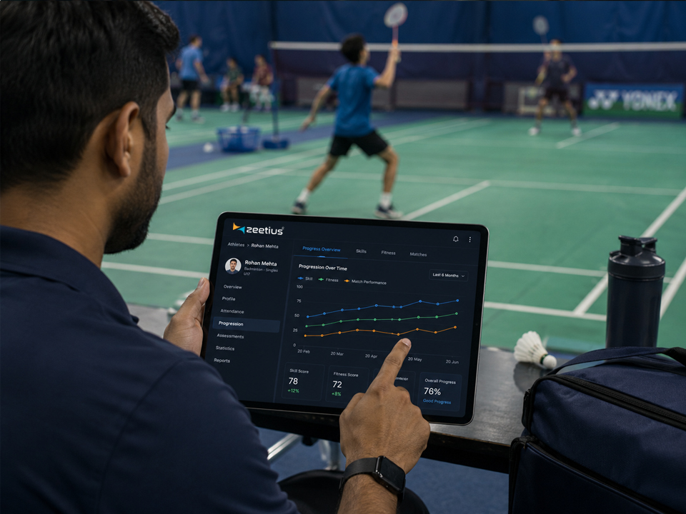 A coach reviewing an athlete's progression chart on a tablet beside the court