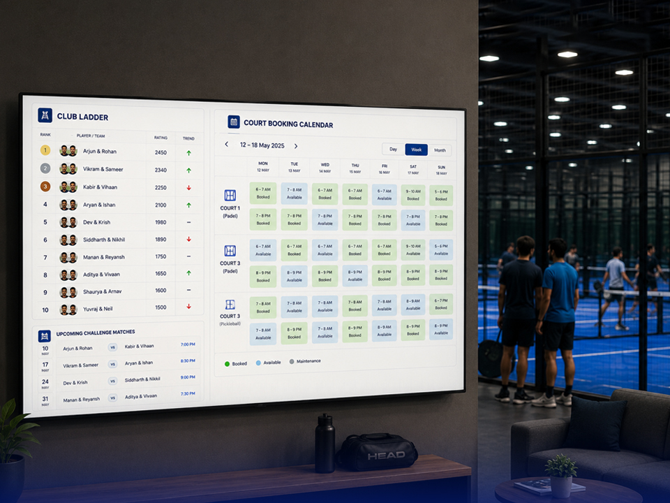 A club ladder showing player ratings and challenge matches alongside a court booking calendar
