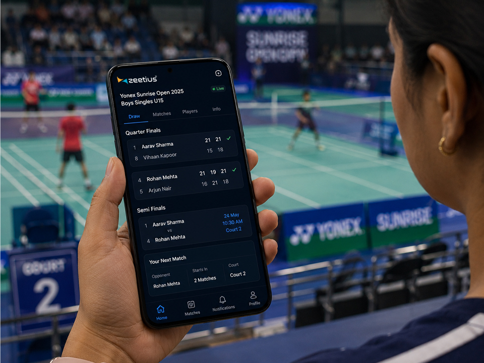 A parent checking a live tournament draw and court assignment on a phone at a venue