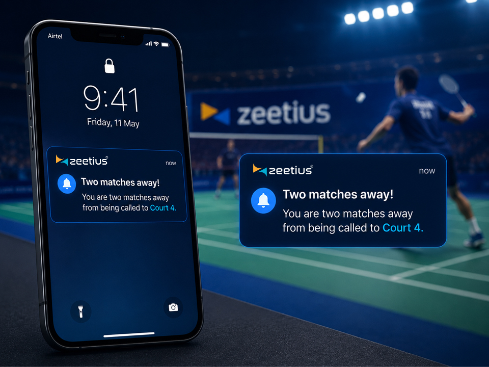 A push notification telling a player they are two matches away from being called to court four