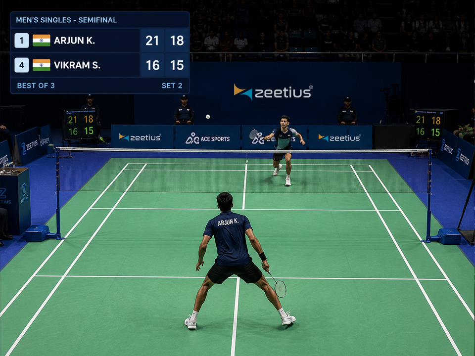 A live stream frame with an automatically generated scorecard overlay showing players, seedings and set scores