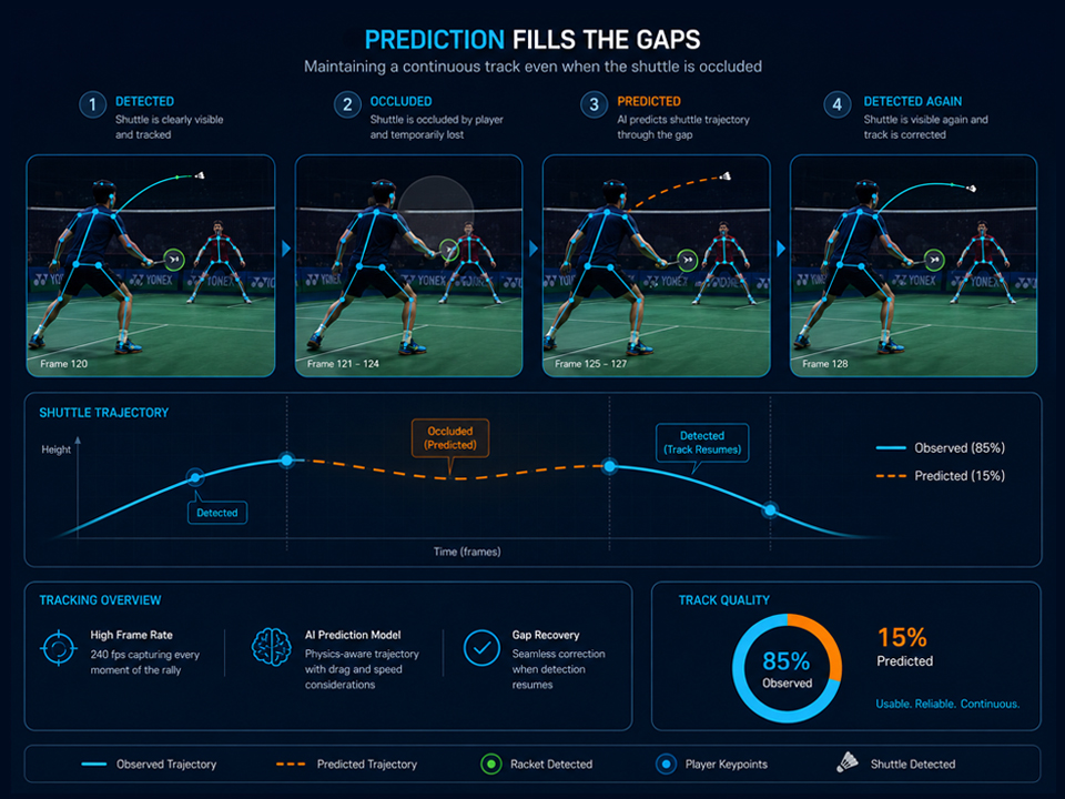 Frame-by-frame tracking showing player skeletons, racket position and predicted shuttle trajectory